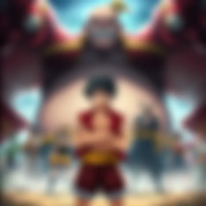 Luffy stands confidently with a determined expression, while Big Mom looms large in the background, surrounded by her crew, showcasing their contrasting strengths.