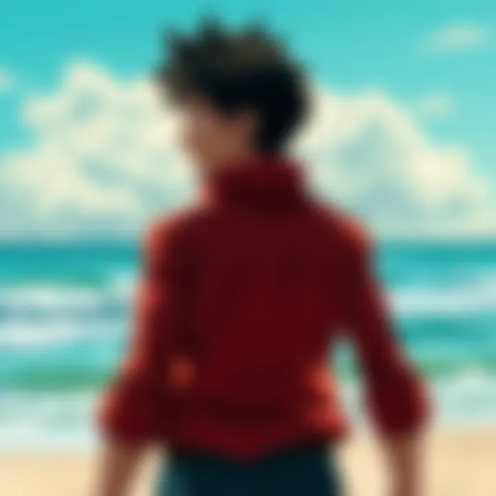 Luffy stands on a beach, looking out at the sea with a thoughtful expression, symbolizing tough decisions