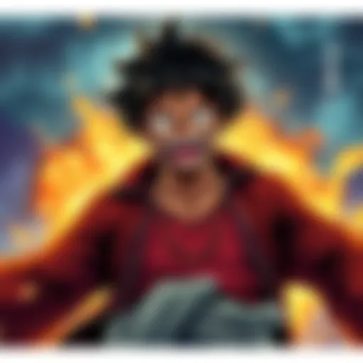Luffy displaying a strong emotional expression with a dramatic background, capturing the essence of the moment in art.