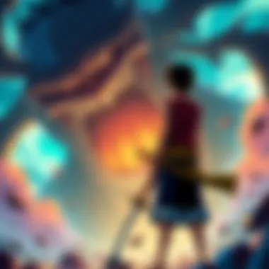 Luffy stands defiantly against Imu, showcasing intense determination, with Sanji displayed in the background discovering his strength.