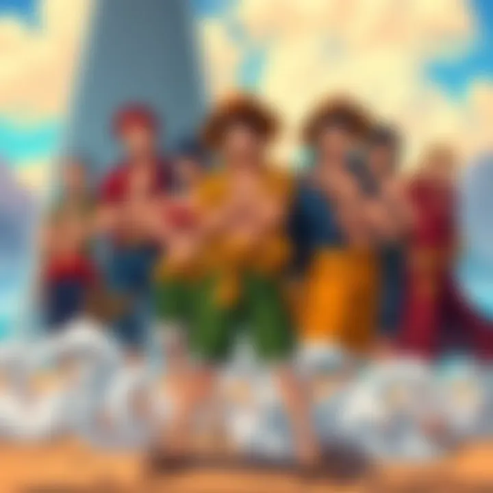 Luffy stands proudly with his top crew members in a vibrant setting after the Elbaf arc, showcasing their distinct personalities and outfits.