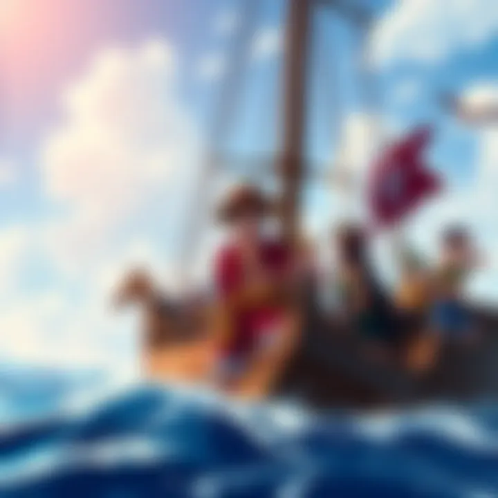 Monkey D. Luffy and his crew sailing on their ship, excited for new adventures in the Apis Arc of One Piece.