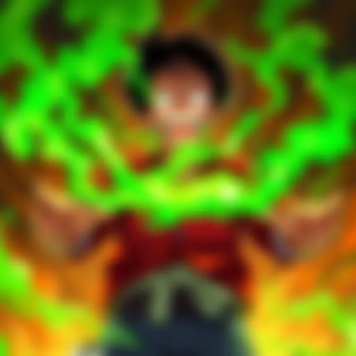 Luffy transforming with toxic powers from the Doku Doku no Mi fruit, surrounded by a green mist, showing a mix of excitement and surprise.