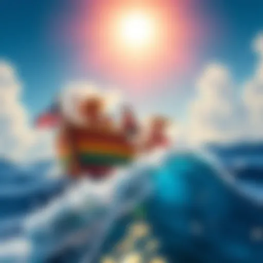 A colorful scene showing Luffy with his crew sailing on a vibrant ship under a bright sky, promoting the idea of freedom and happiness together.