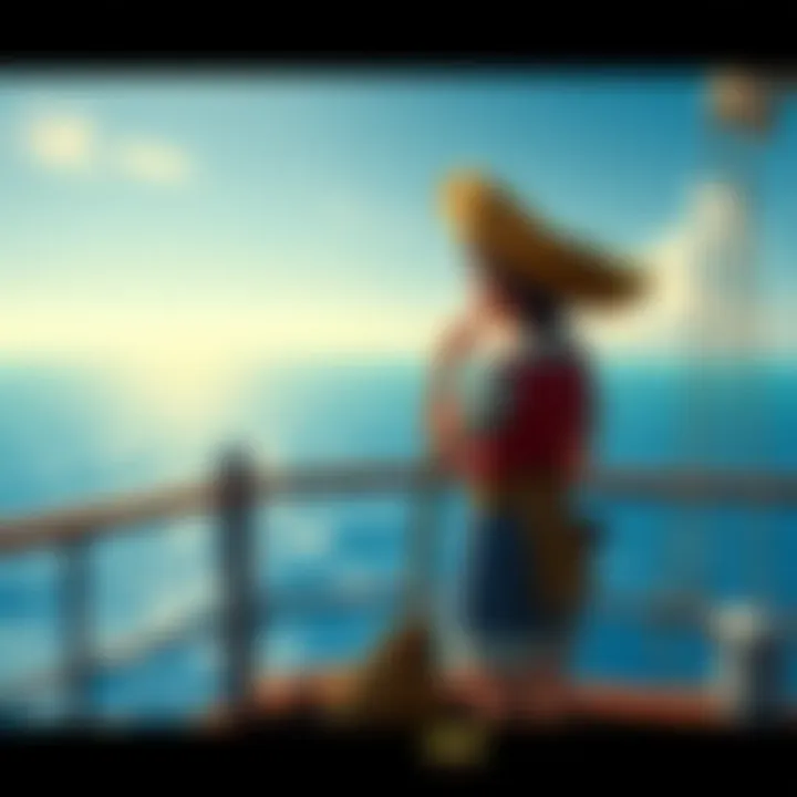 Luffy, a cartoon pirate with a straw hat, stands on a ship's deck looking out at a vast ocean, symbolizing his dream to liberate the world.