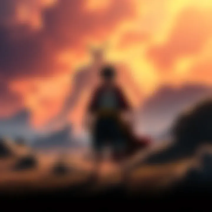 Luffy stands determined on a battlefield at Elbaf, with shadows of Imu and Saint Garling looming in the background, hinting at a fierce confrontation.