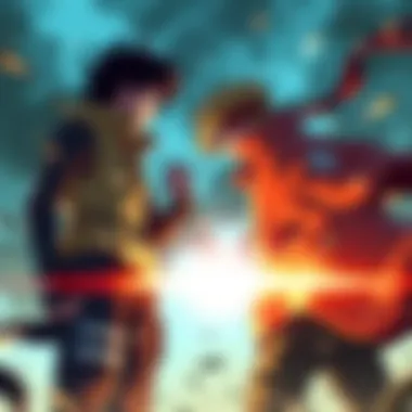 Luffy in Gear 5 facing Naruto Luffy in his Gear 5 form stands confidently against Naruto, who is ready to unleash his powerful attack. Bright colors highlight the intense atmosphere of their confrontation.