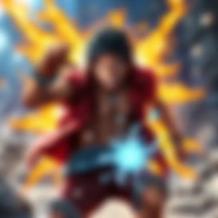 Luffy shows his Gear 5 form with enhanced powers, a fierce expression, and dynamic energy around him, ready for battle.