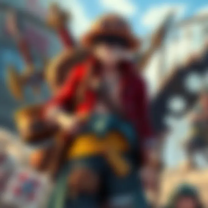 Luffy with Gear and Weapons Monkey D. Luffy stands ready with various gear and weapons, preparing for a battle against his Straw Hat crew members.