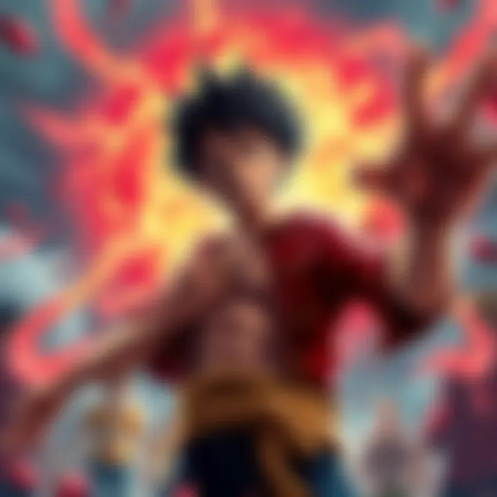 Luffy stands confidently, surrounded by a vibrant background, demonstrating haki powers with intense focus on his face.