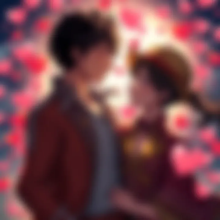 Fan art depicting Luffy and Hancock together, showcasing their chemistry and connection, surrounded by hearts and symbols of love.