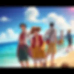Luffy standing with Hancock and Rayleigh on a sunny beach, showcasing their close bond while his crew is in the background looking on