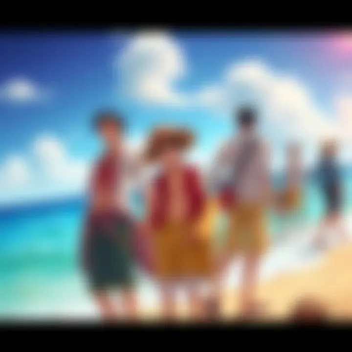 Luffy standing with Hancock and Rayleigh on a sunny beach, showcasing their close bond while his crew is in the background looking on