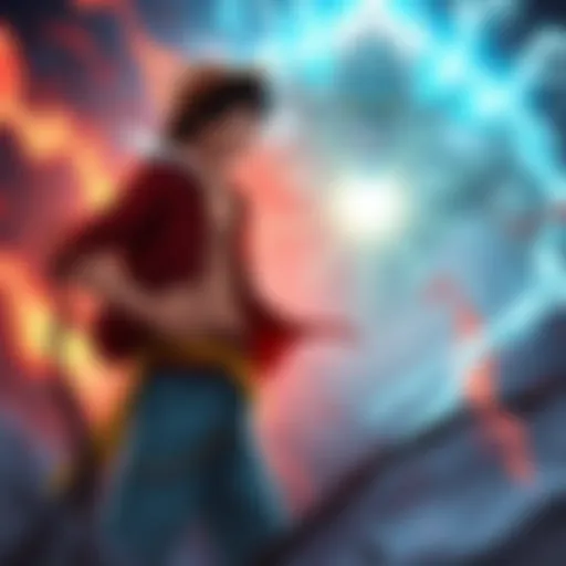 Luffy stands confidently with a glowing aura, facing Kaido who appears stunned and powerful, set against a dramatic battle backdrop.