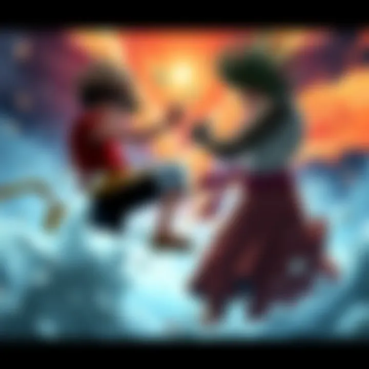 A dramatic showdown between Base Luffy and Base Kaido, showcasing their powerful stances ready for combat.