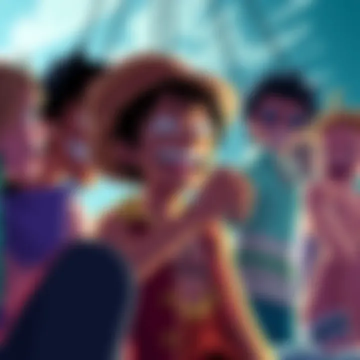 Main character Luffy and friends laughing together in a colorful scene from One Piece