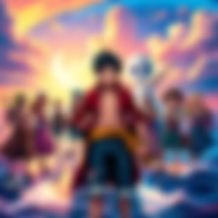 Luffy stands confidently at the forefront, leading his pirate crew with determination, set against a vibrant ocean backdrop