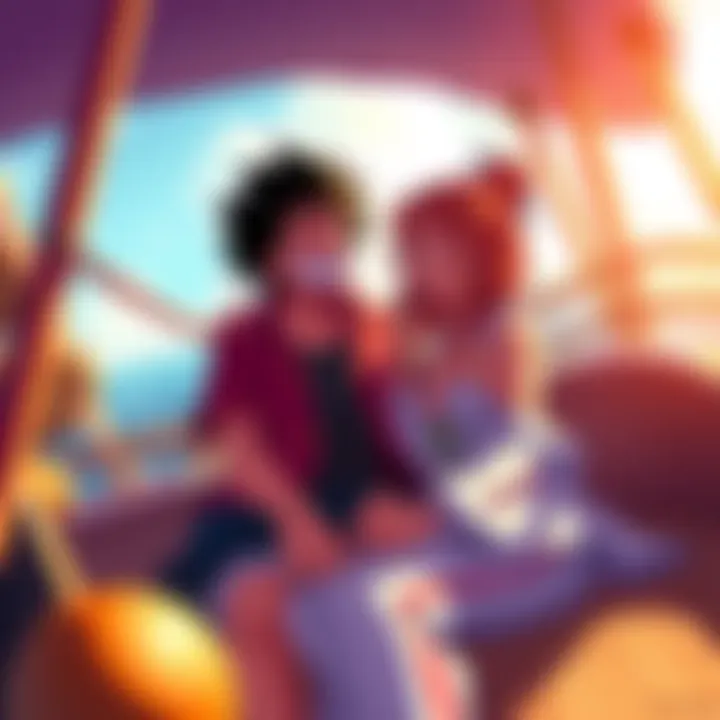 Luffy and Nami share a joyful moment on the ship, both smiling and enjoying each other's company.