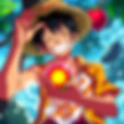 Luffy joyfully holding the Nika Fruit, showcasing a bright and vibrant transformation, reflecting his enhanced character traits.