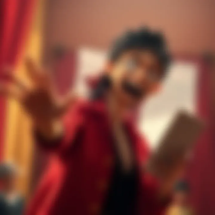 Luffy performing on screen, expressing authenticity in his acting, while a script is visible in the background.