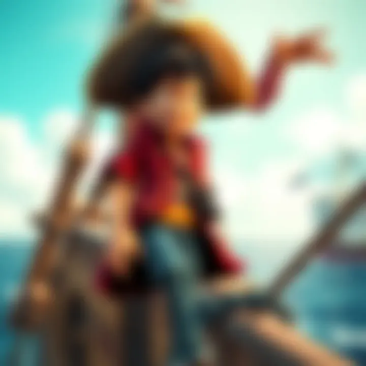 Luffy stands confidently on a pirate ship, ready for adventure as the wind blows through his hair.