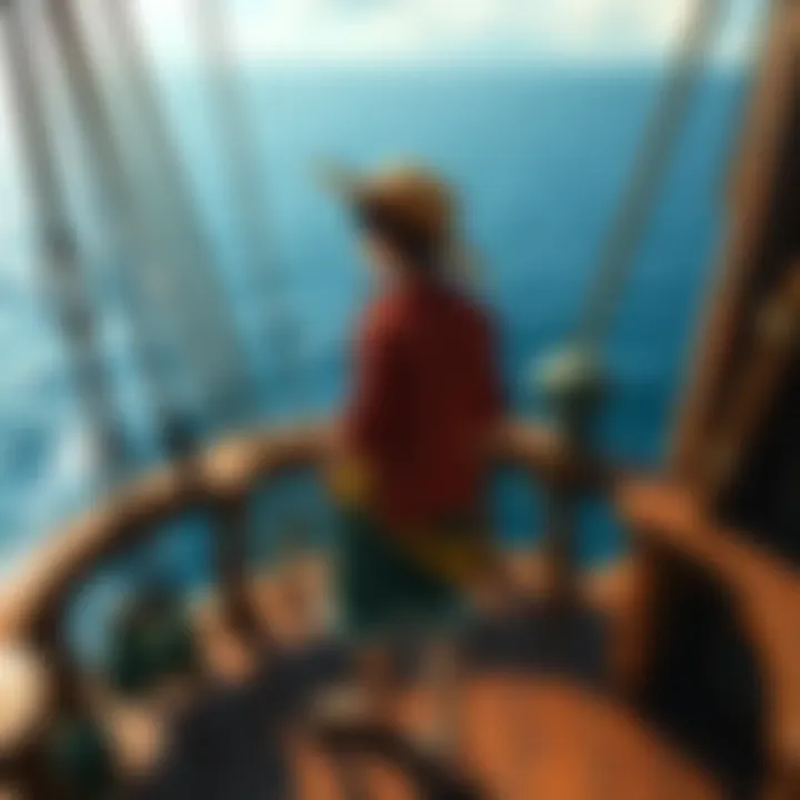 Luffy stands confidently on a pirate ship's deck, looking out at the sea, with a straw hat and a determined expression.
