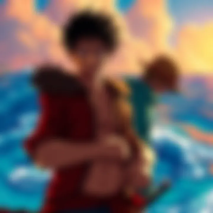 Luffy and Roger Connection Luffy stands confidently with a determined look, while Roger appears in the background, both surrounded by a vibrant sea backdrop