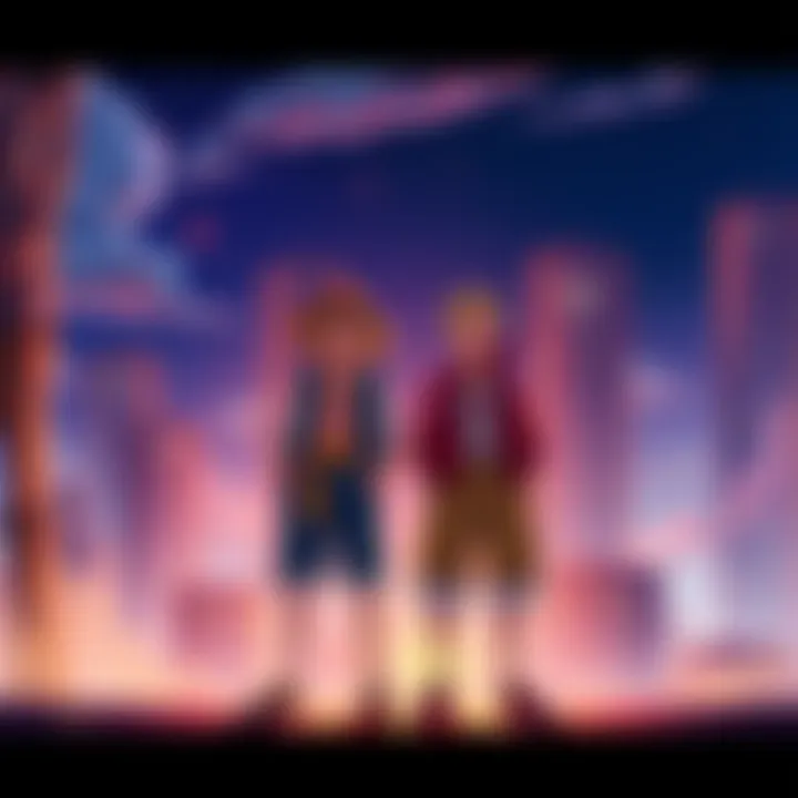 Luffy and Sanji comparing heights with their fathers Luffy and Sanji standing side by side, looking up at their fathers, who are much taller, in a colorful scene