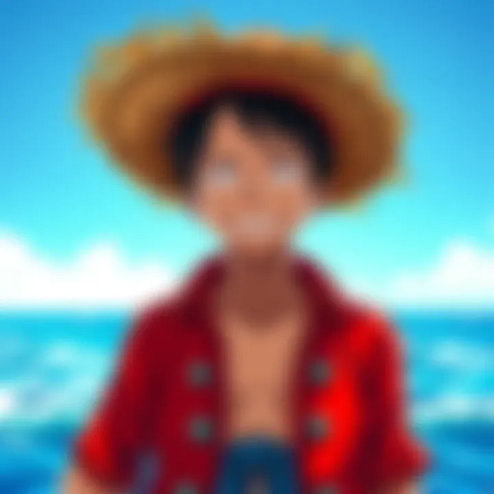 Luffy stands confidently with his Straw Hat on his head, smiling with a sunny background of the ocean.