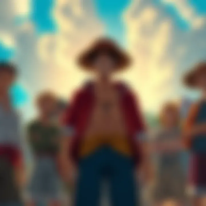 Luffy stands confidently in front of his Straw Hat crew, inspiring them with a motivating speech as they face new adventures together.