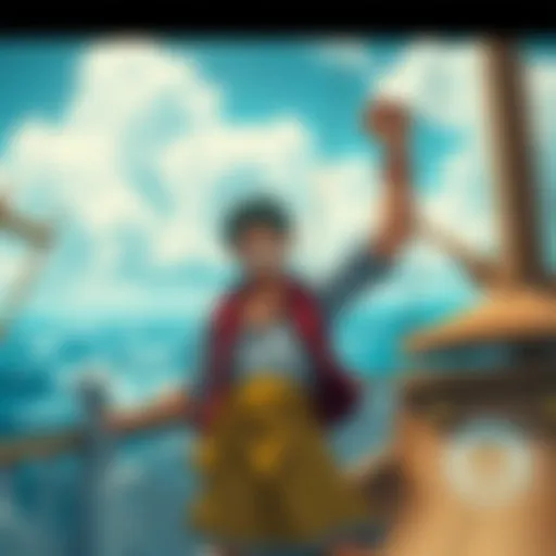 Luffy stands proudly on the deck of the Thousand Sunny, raising his fist in victory, showcasing his strength and leadership as the strongest member of the Straw Hat Pirates.