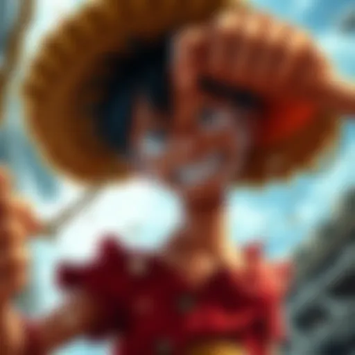 Luffy struggles against fierce challenges in his adventure, showing determination and resilience.