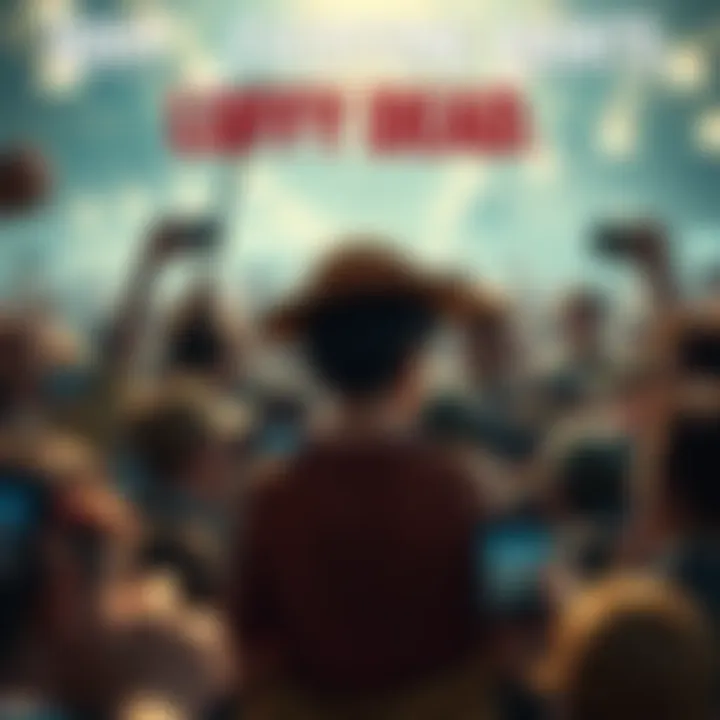 Luffy surrounded by angry fans A scene showing Luffy facing a crowd of angry fans and critics, highlighting the tension around his character