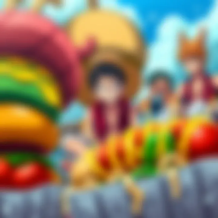 Luffy sitting surrounded by giant food, looking confused while crew members Zoro and Sanji react in a comical way, hinting at potential toilet humor.