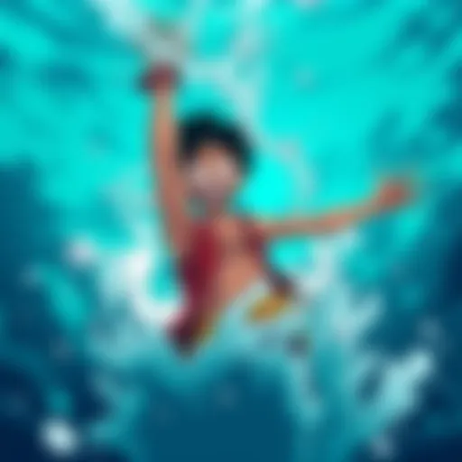 Luffy struggles underwater with weights, reaching up to the surface