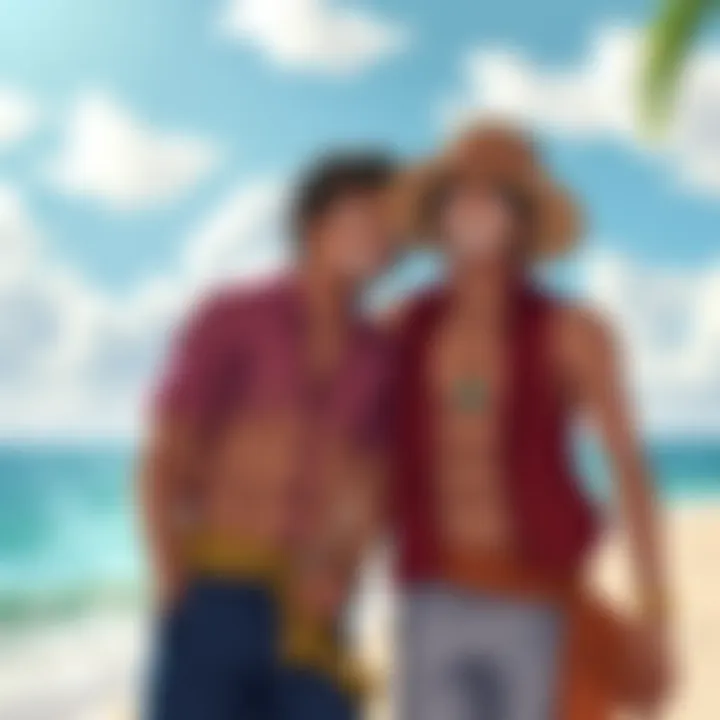 Luffy smiles and motivates Usopp to strive for his potential while they stand together on a sunny beach