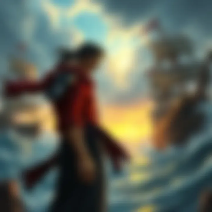 Luffy stands ready for battle against Blackbeard, with pirate ships in the background and a stormy sea.