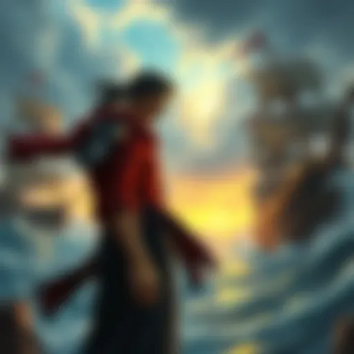 Luffy vs Blackbeard Showdown Luffy stands ready for battle against Blackbeard, with pirate ships in the background and a stormy sea.