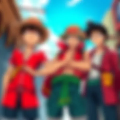 Luffy, Zoro, and Buggy in Early Arcs Luffy and Zoro stand confidently while Buggy looks surprised, capturing their early dynamic in One Piece.