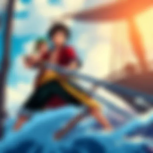 Luffy and Zoro with swords at sea Luffy and Zoro standing confidently on a pirate ship, swords drawn, looking determined as they aim to achieve their dreams of surpassing Shanks and defeating Mihawk.
