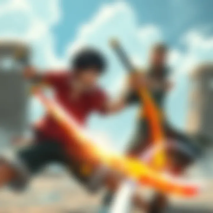 Eos Luffy practices sword techniques while Eos Zoro watches, focusing on their training intensity and skills.