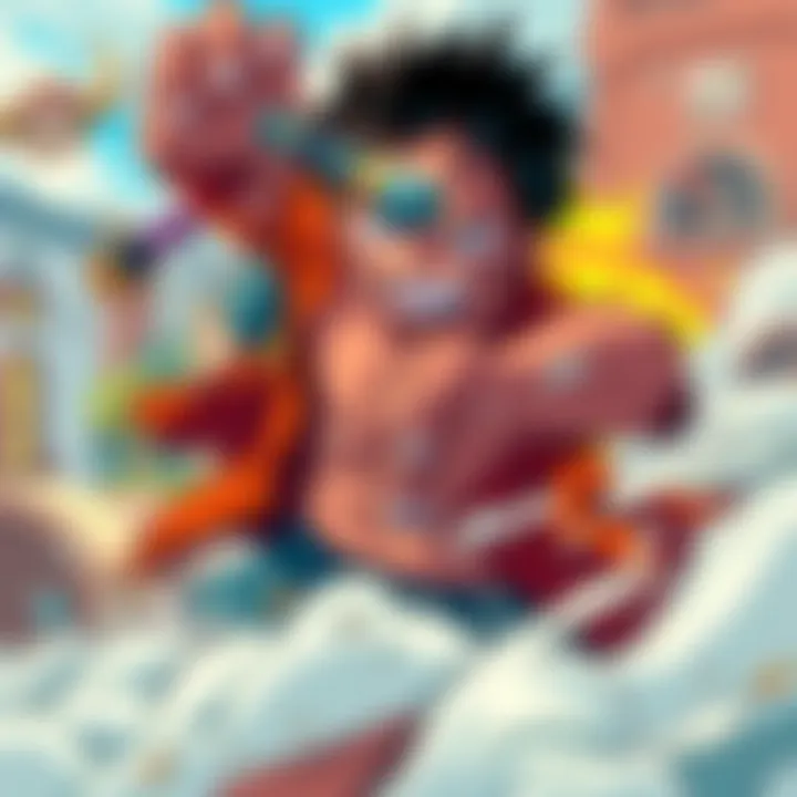 A scene depicting Luffy in a dynamic pose, showcasing his determined expression and vibrant outfit, surrounded by key moments from Chapter 1176, emphasizing his impact on the narrative.