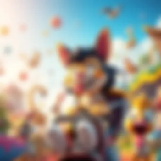 Luffy enjoying a colorful and fun-filled journey with a big smile, surrounded by playful animals and vibrant scenery.