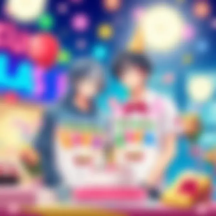 Colorful Lulusuza merchandise showcasing birthday items for Suzaku, including shirts and accessories, celebrating a special occasion.