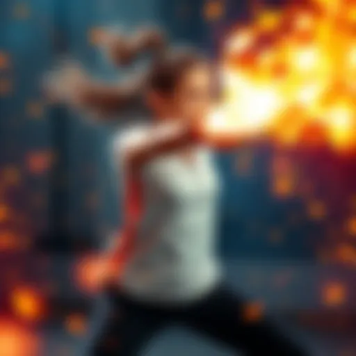 Luna performs a powerful fire punch surrounded by sparks and flames, radiating energy and joy