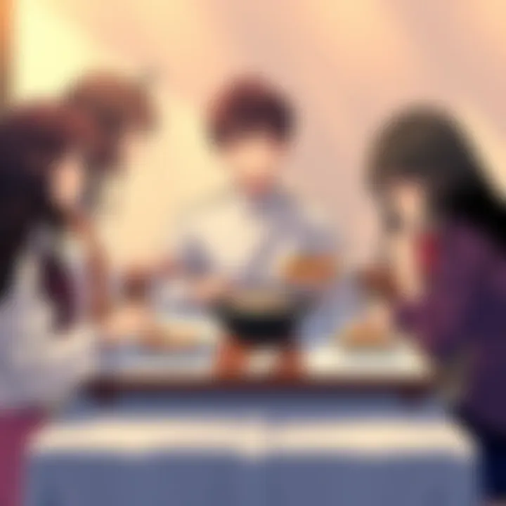 Main character enjoying lunch with three girls A scene showing a young man seated at a table surrounded by three girls, each presenting a dish. They are engaged in a friendly discussion about whose food tastes better.