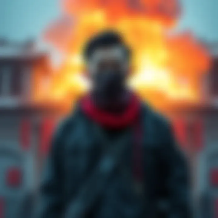 Luohan, a noted terrorist, stands in front of a building he decided not to destroy, showing unexpected restraint before a conflict.