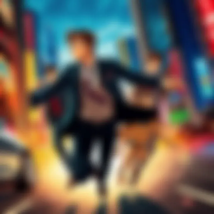 Zenigata chases two Lupins across a vibrant cityscape in the latest film, showcasing a thrilling moment filled with excitement.