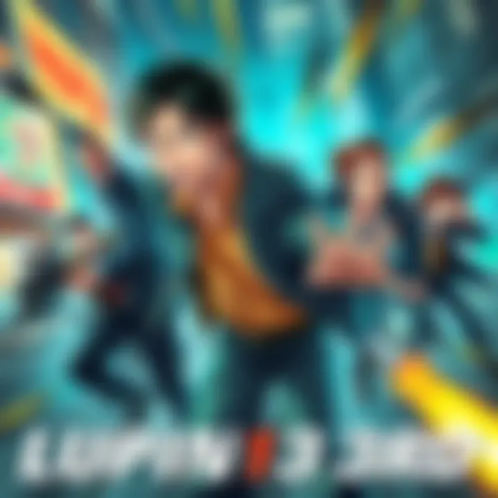 Scene featuring Lupin 3rd in action with his friends in a thrilling chase