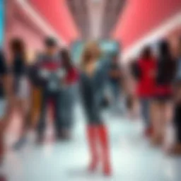 Lusamine showcasing trendy pumps, engaging with people discussing their appeal.